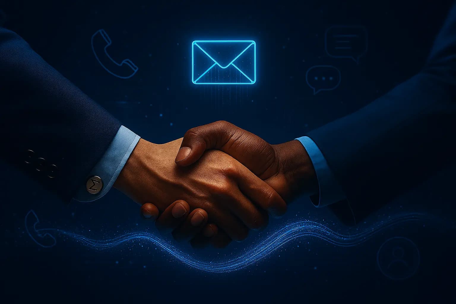 A handshake between two well-dressed men with contact logos and icons in the background