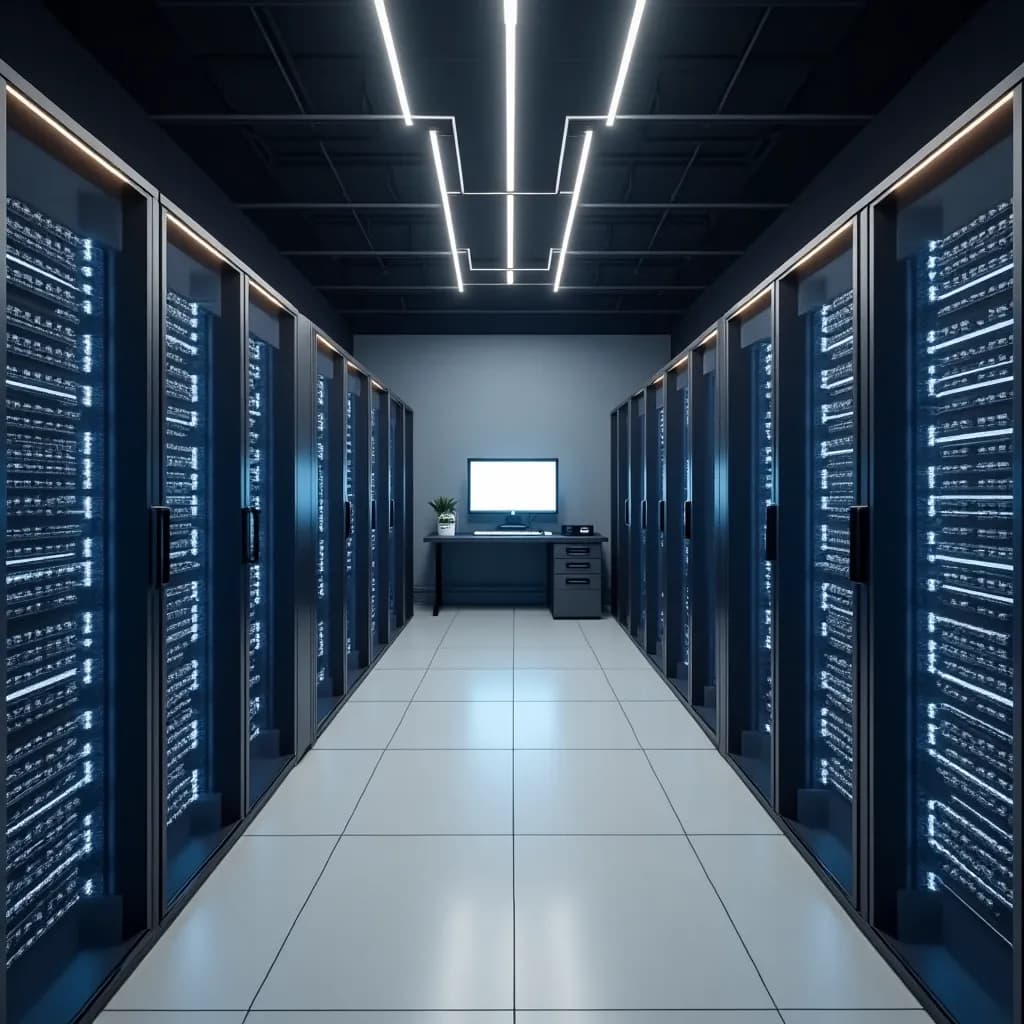 Server room with a row of racks and a monitoring station at the end