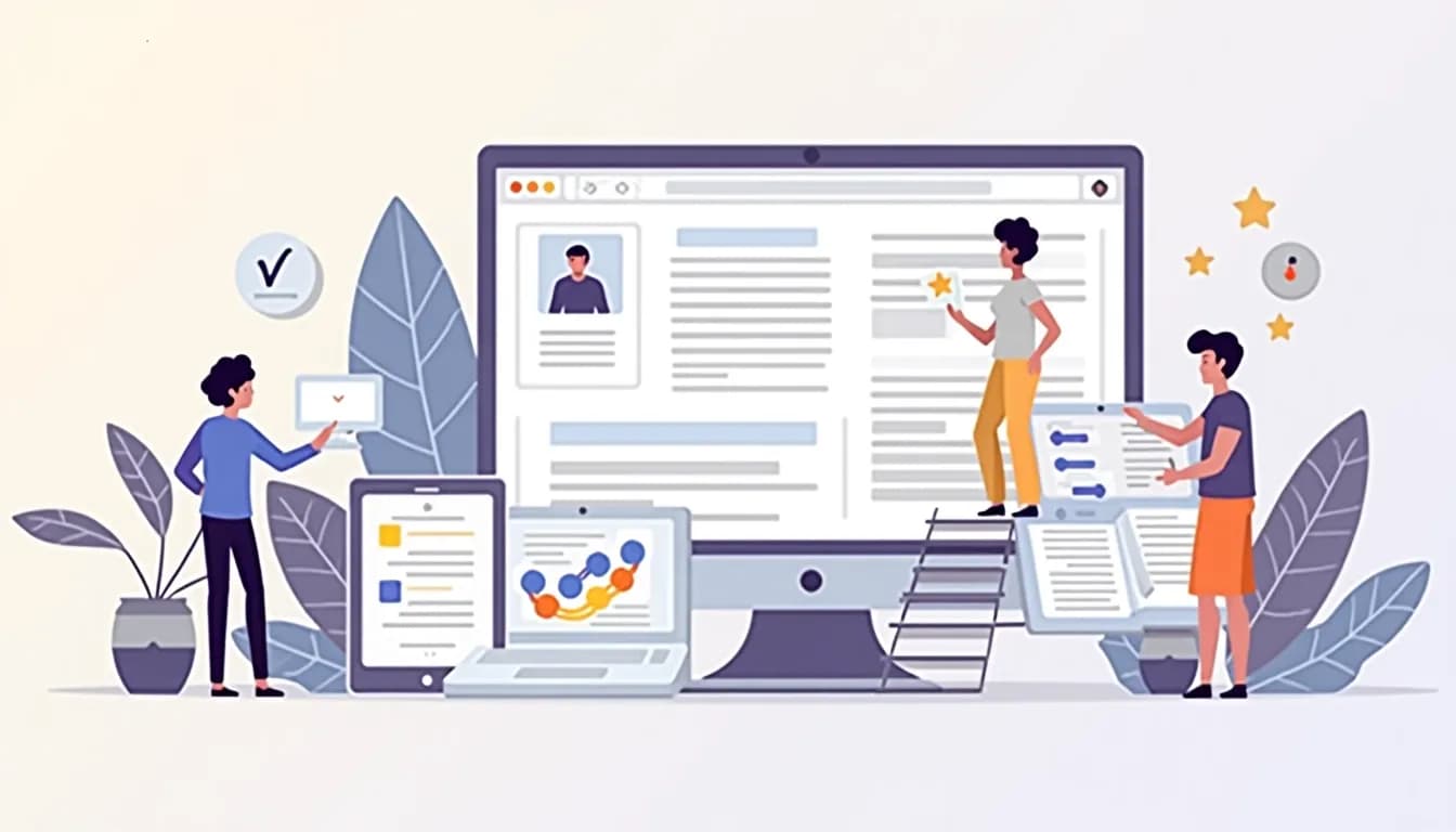 Animated image with screens, devices, and people performing various work tasks